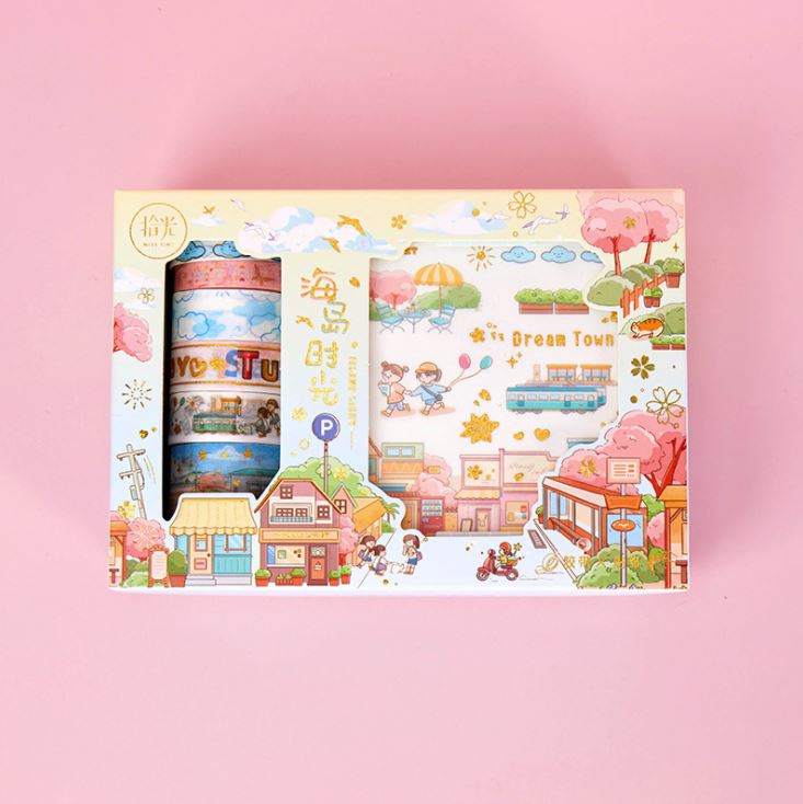 Bộ 6 băng keo Washi và 6 Tấm miếng dán Sticker Trang Trí Fairy Tale