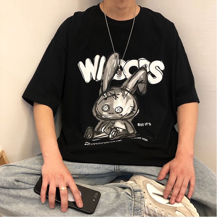 Áo Thun Tay Lỡ Hình Con Thỏ Ngỗ Nghĩnh , Phông Phom Thụng Phong Cách Unisex Dành Cho Nam Nữ
