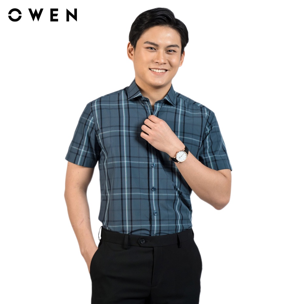 Áo sơ mi ngắn tay Nam Owen Bamboo Body Fit Xanh đen trắng - BA220006NT