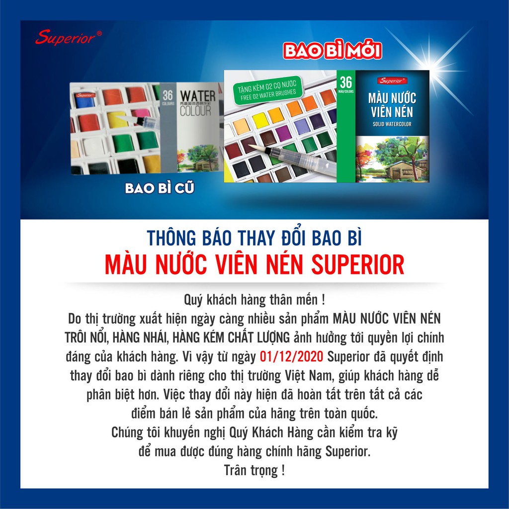 Màu nước Superior kèm cọ - Màu nước dạng nén -12/18/24/30/36/48 Màu