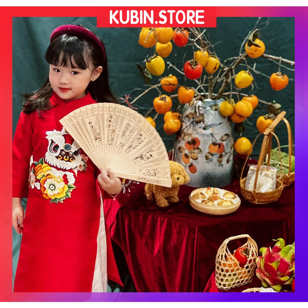 Áo dài cách tân cho bé gái thêu lân chất liệu nhung tăm cao cấp size từ 1đến 9 tuổi ,áo dài tết cho trẻ em hang xuat du