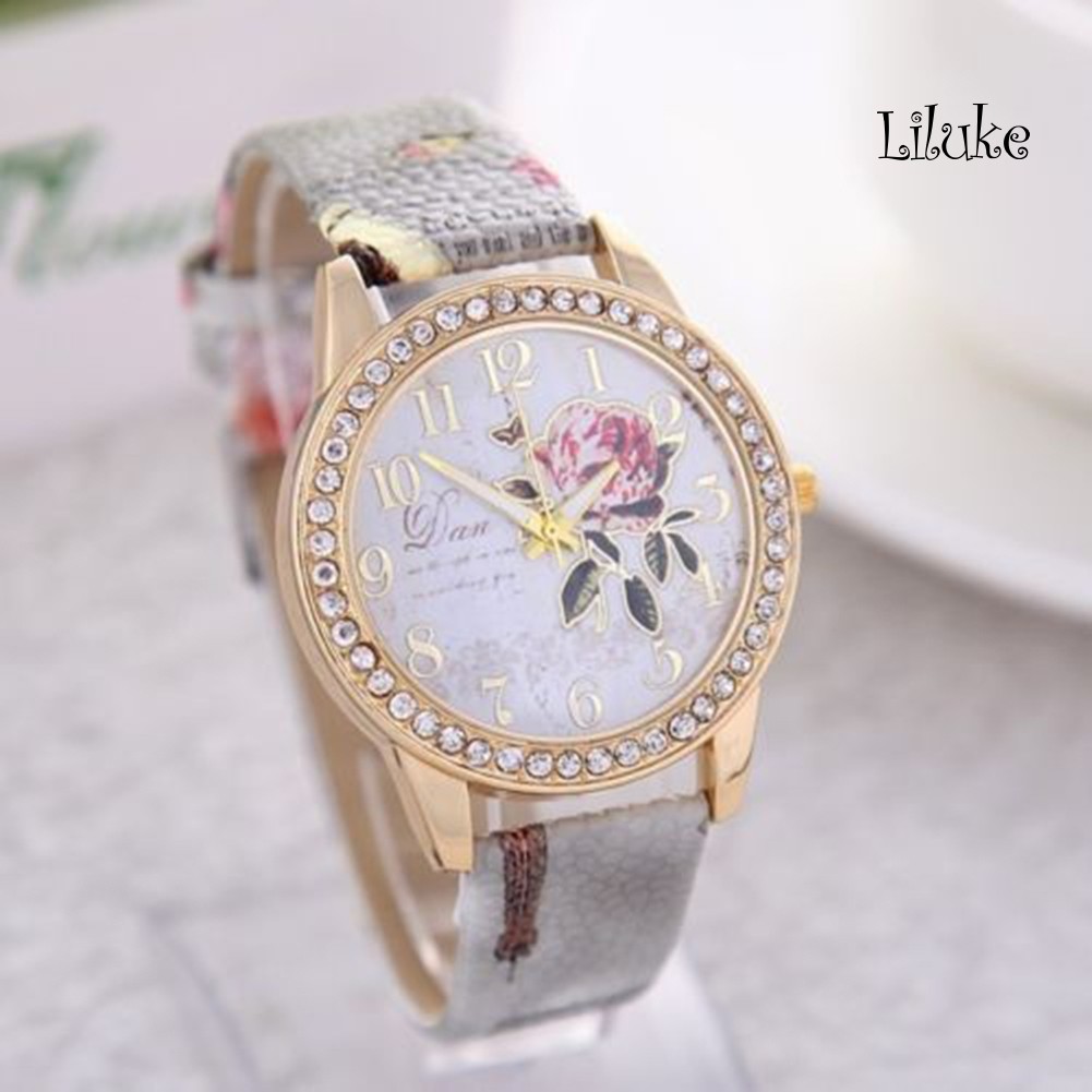 Đồng Hồ Đeo Tay Họa Tiết Hoa Hồng Đính Đá Thời Trang Xinh Xắn Cho Nữ