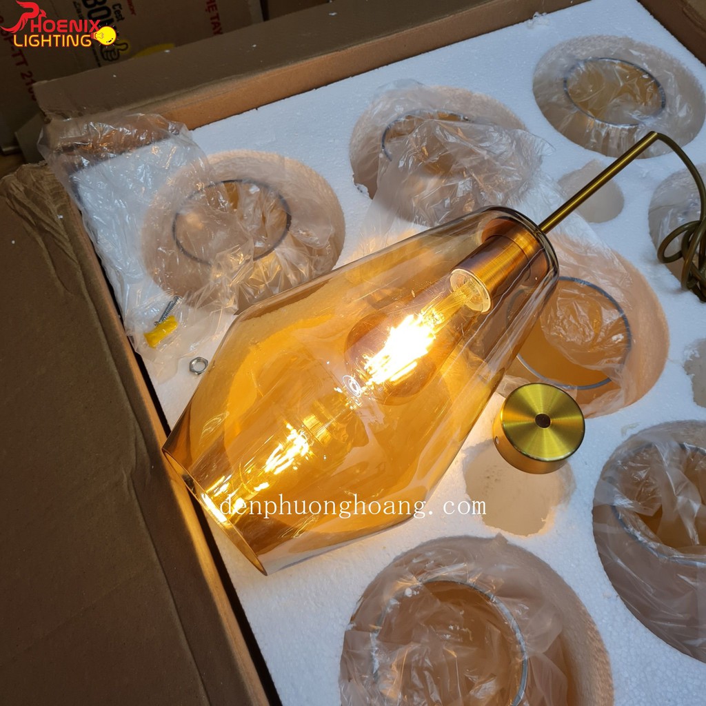 Đèn thả đuôi đồng chao thuỷ tinh màu trà trang trí cực đẹp - Đèn Phượng Hoàng
