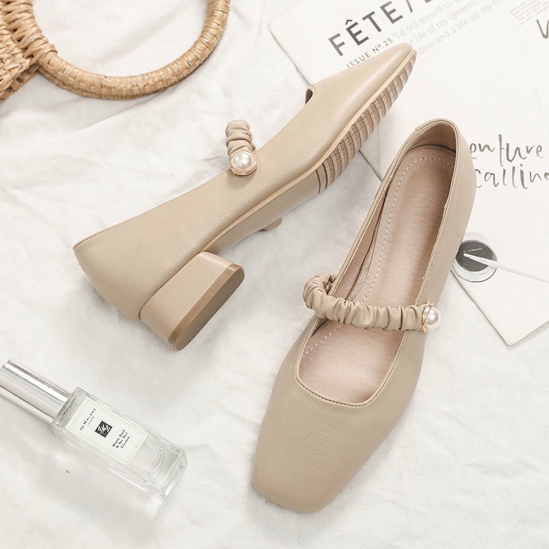 Giày búp bê nữ cao gót 3 phân đế vuông phối quai ngọc dáng vintage