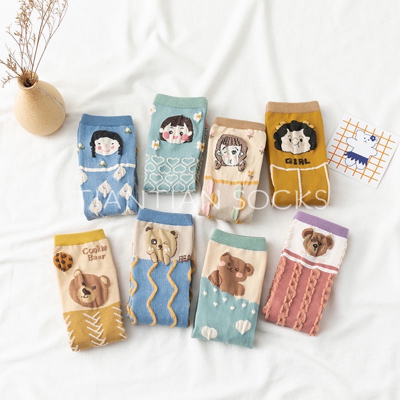 TIAN TIAN T064 Hàng mới về Tất nữ Vớ  cổ cao vừa in hình gấu hoạt hình sáng tạo phong cách Hàn Quốc dễ thương