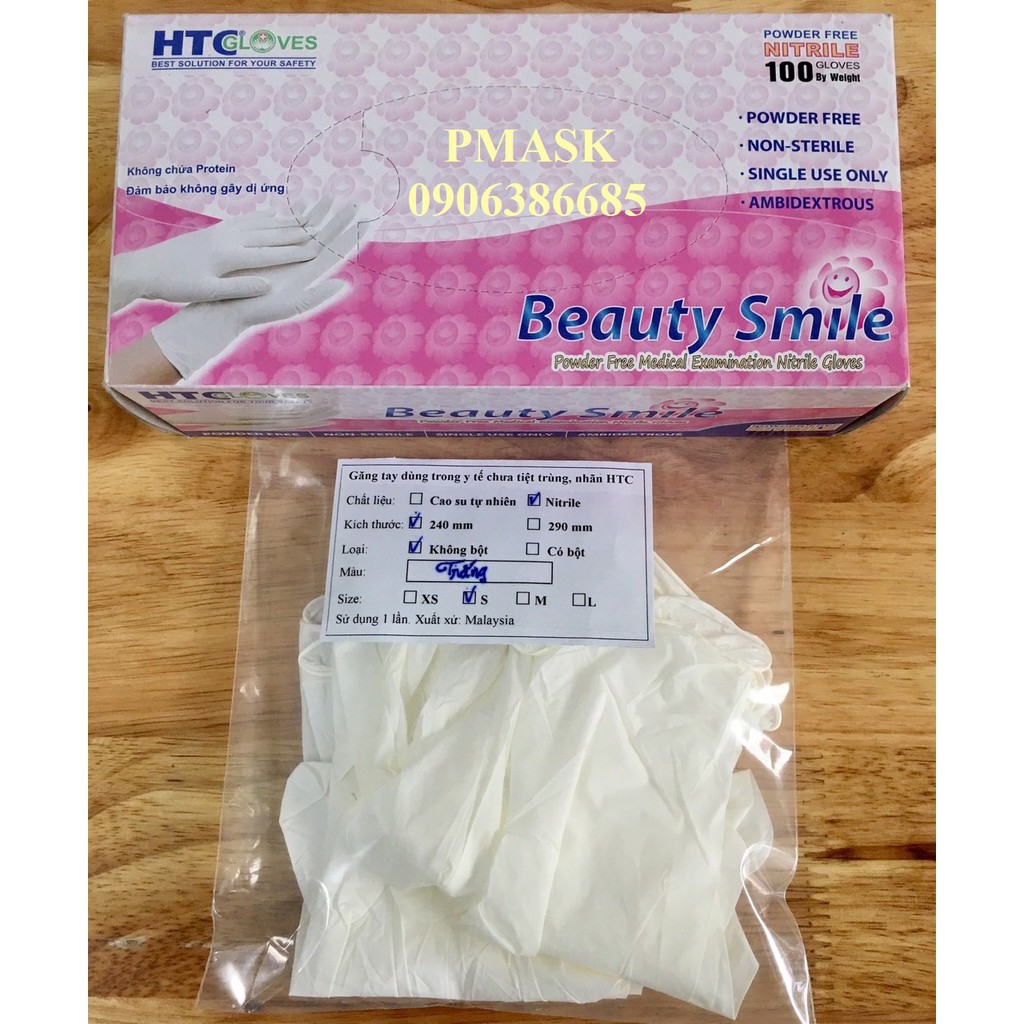 Găng tay y tế HTC Nitrile Smile không bột màu trắng 100 cái / hộp