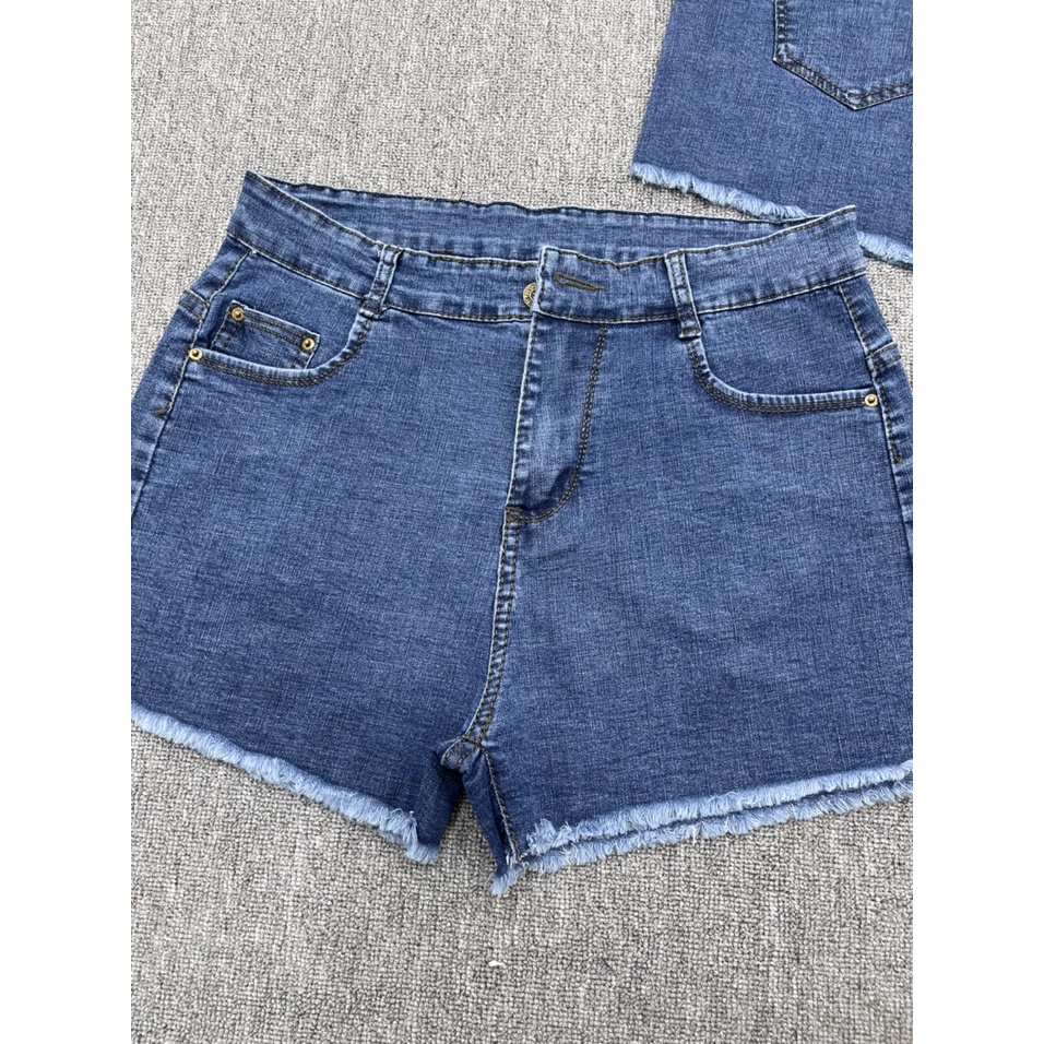 Quần short jean nữ BigSize lưng cao trên rốn, co dãn mạnh, tua lai, màu xanh đậm trơn kiểu dành cho người mập 4225 MLJ