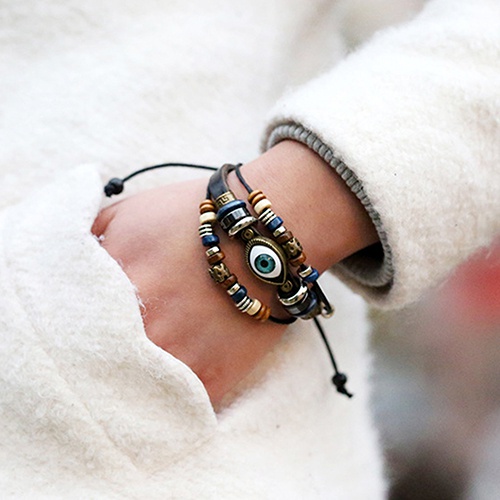 Vòng Đeo Tay Dây Da Giả Mặt Hình Mắt Người Thổ Nhĩ Kỳ Độc Đáo