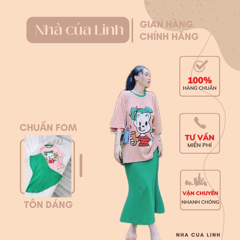 Set áo thun sọc + chân váy đuôi cá xanh NhaCuaLinh