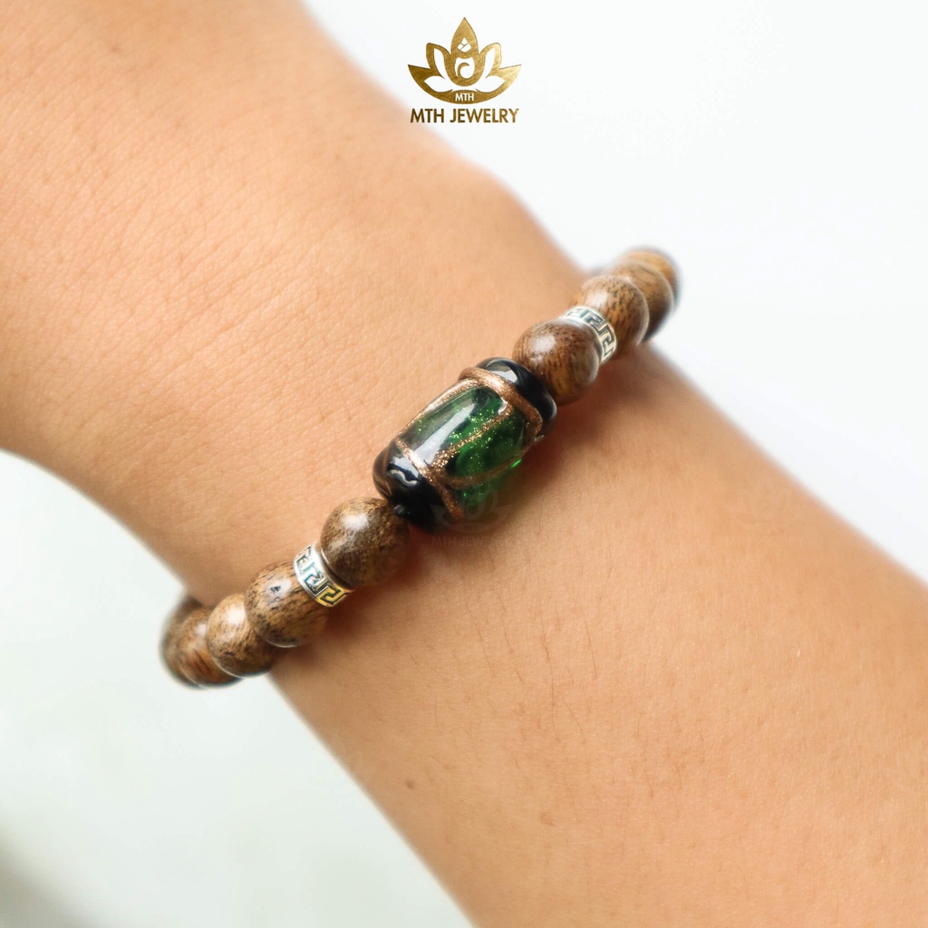 Vòng Tay Trầm, Hạt Tròn Đơn Mix Đá Trúc Ngũ Sắc - MTH JEWELRY