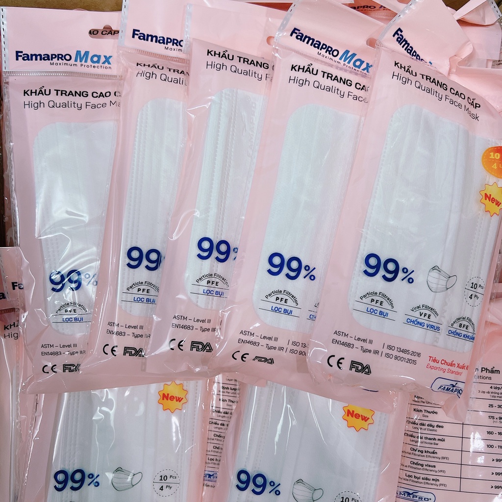 Combo 5 túi khẩu trang y tế 4 lớp kháng khuẩn cao cấp Famapro max, khẩu trang y tế trắng mịn