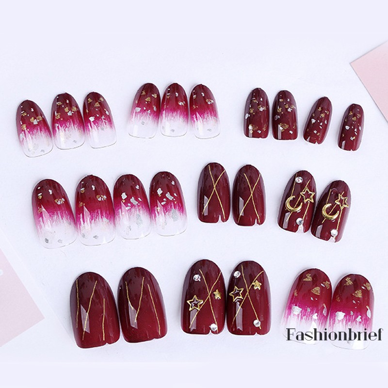 [Hàng mới về] Set 24 móng tay giả có họa tiết và đính hạt trang trí móng tay sáng tạo