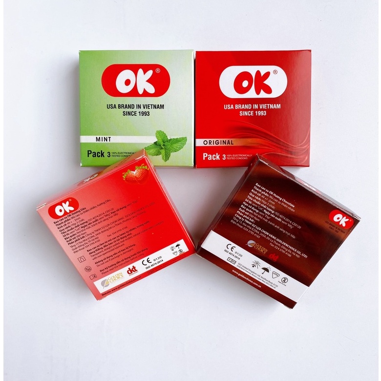 Bao cao su OK, bao cao su siêu mỏng mùi hương dâu tây, bạc hà, chocolate, không mùi, hộp 3 bcs