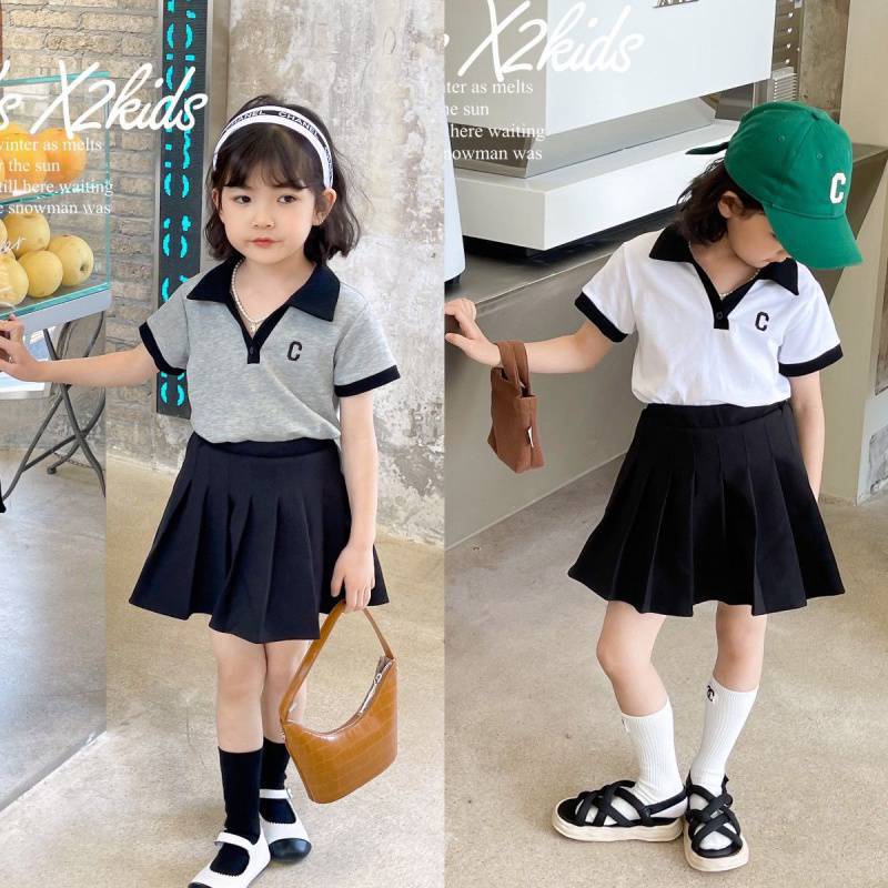 Set Áo Thun POLO + Chân Váy Xếp Ly Thời Trang Mùa Hè Mới Cho Bé Gái