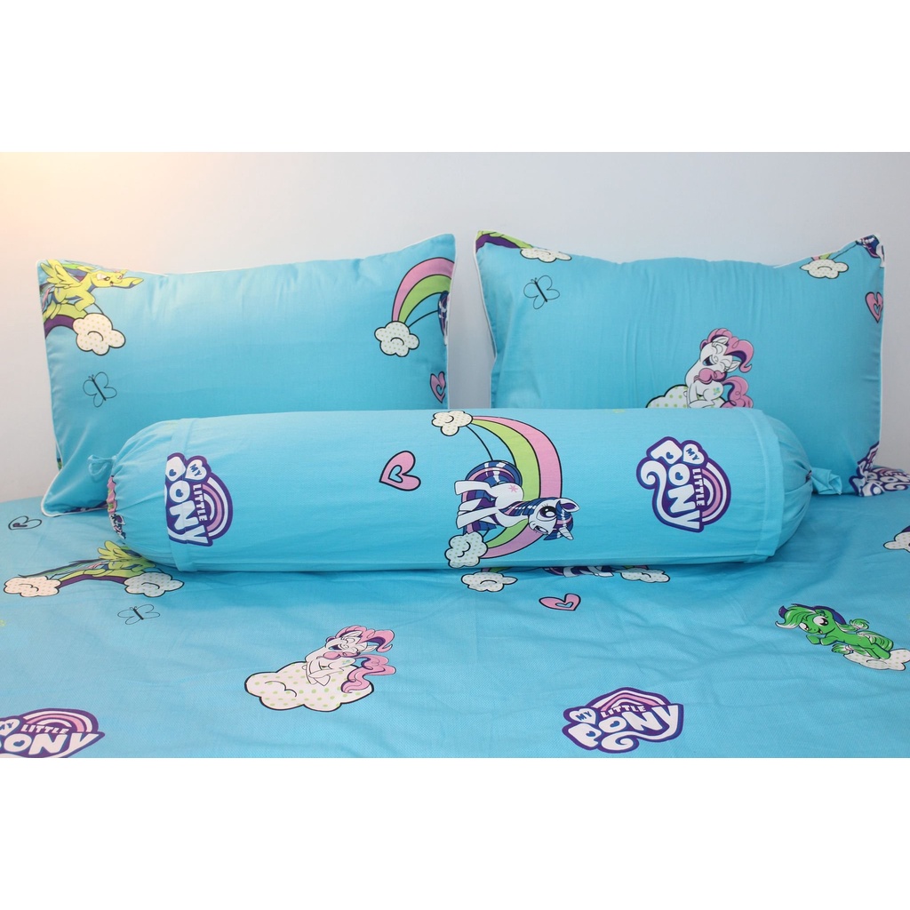 Bộ ga gối 4 món ngựa Little Pony màu xanh cotton 100% (ga giường + 1 vỏ gối ôm + 2 vỏ gối nằm)
