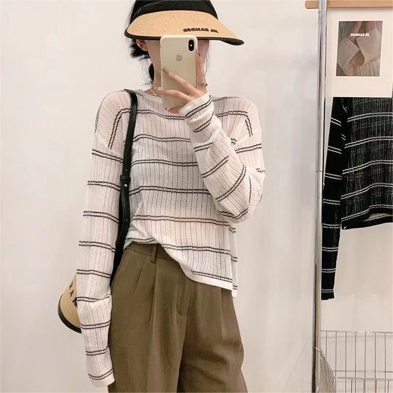 Áo len ZHELIHANGFEI tay dài dáng rộng họa tiết kẻ sọc trắng đen dễ phối đồ thời trang