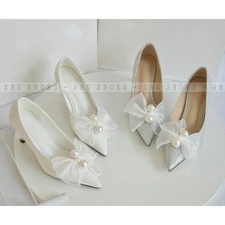 Giày cưới {FREESHIP} giày cô dâu đính voan nơ cao cấp SHE SHOES