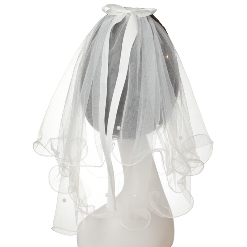 Mạng che mặt hai lớp đính ngọc trai giả trang điểm cho cô dâu