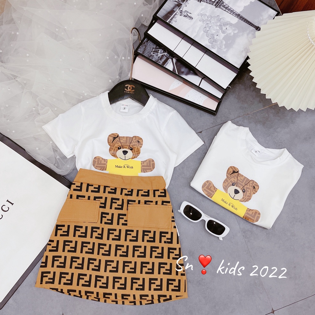 Bộ cộc tay bé trai, bé gái, cặp bộ đồng phục Fendiii vàng hot cho bé size 10-35kg