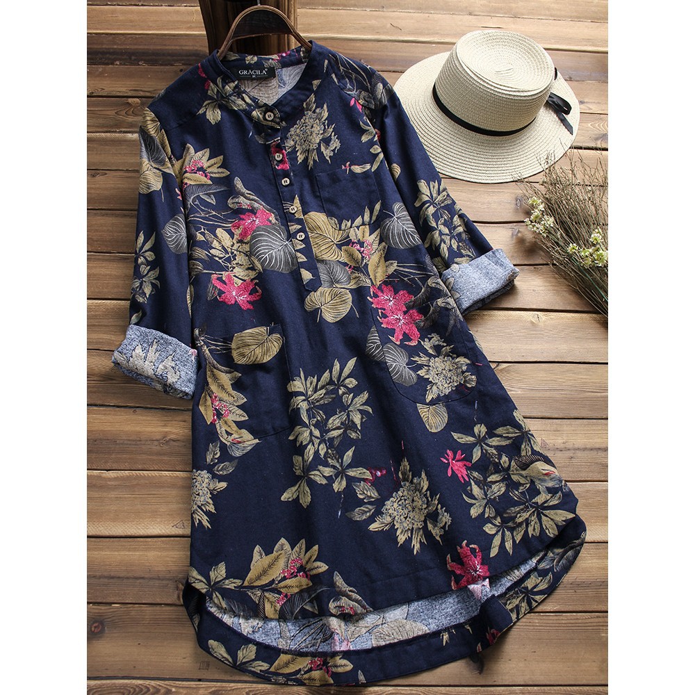 ZANZEA Áo Kiểu Nữ Dài Tay Cổ Tròn In Hoa Thời Trang
