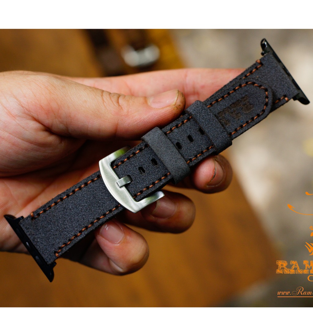 [Mã FARSBRT52 giảm 20% đơn từ 249K] Dây apple watch da bò lộn xám - RAM leather 1965 - handmade (tặng đầy đủ khóa + chốt