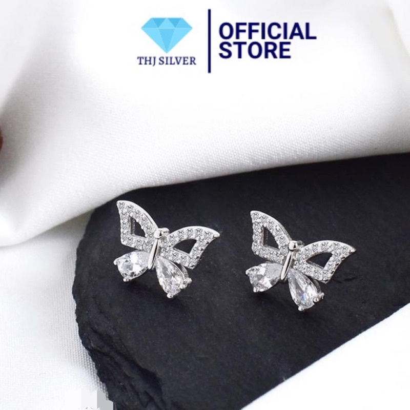 Bông tai nữ bạc ta THJ- Bông tai hồ điệp đính đá new dáng đẹp