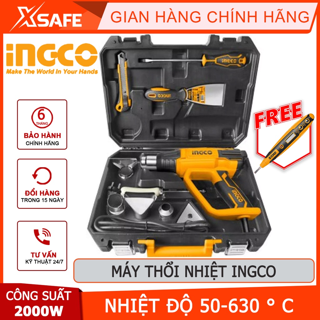 Bộ máy khò nhiệt INGCO HG200028-1 Bộ máy thổi nhiệt 2000W, nhiệt độ 50-630 độ C, màn hình hiển thị LCD - [XSAFE]