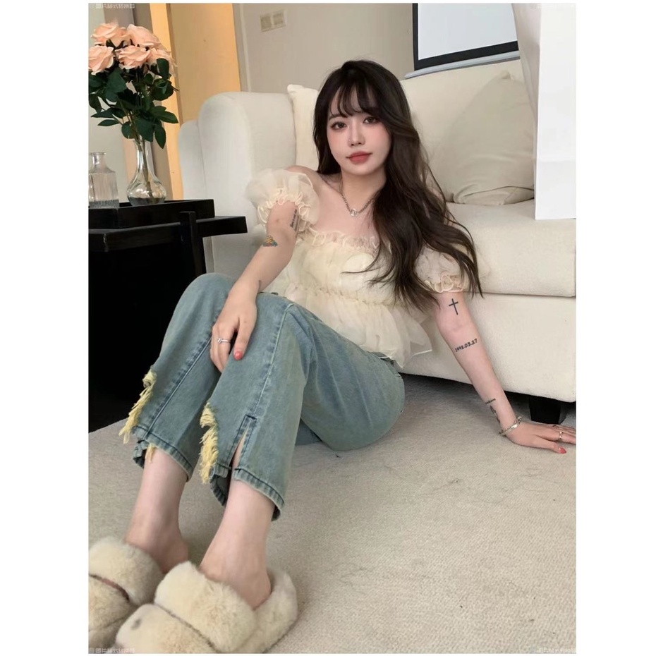 Quần jeans Nữ Lưng Cao Xẻ Tà Cá Tính