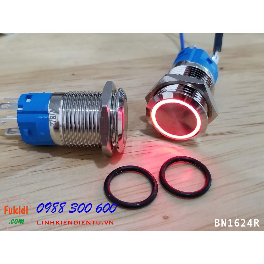 Nút nhấn nhả vỏ kim loại phi 16mm, điện áp 24V, chống thấm nước, đèn hình tròn BN1624R, BN1624G, BN1624B, BN1624Y