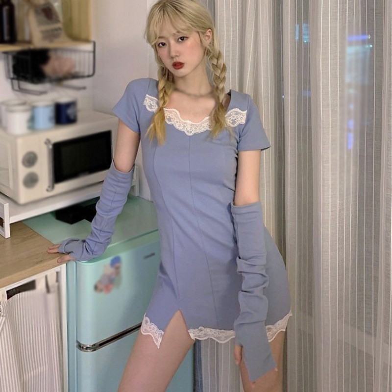 Đầm Dài Tay Phối Ren Thiết Kế Chiết Eo Phong Cách Retro Pháp