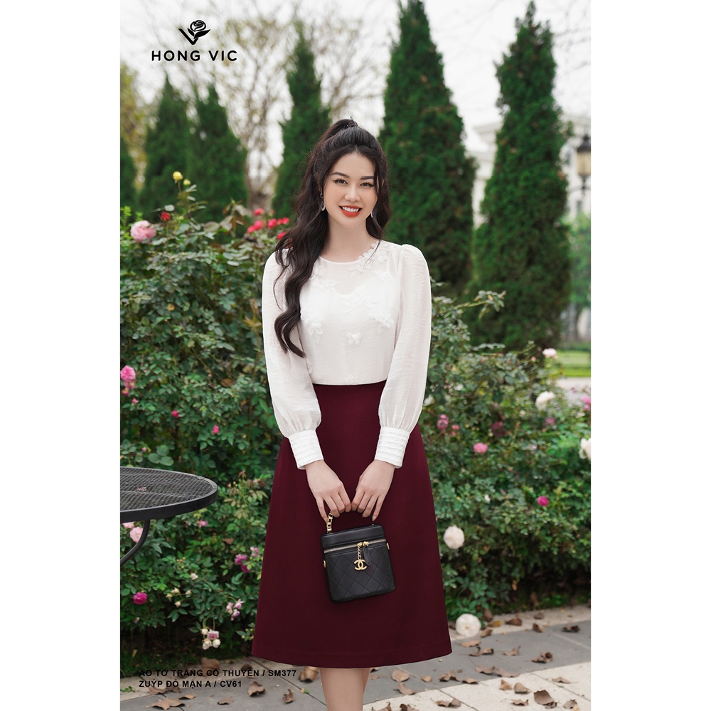 Chân váy nữ thiết kế Hong Vic đỏ xòe đai đồng CV127