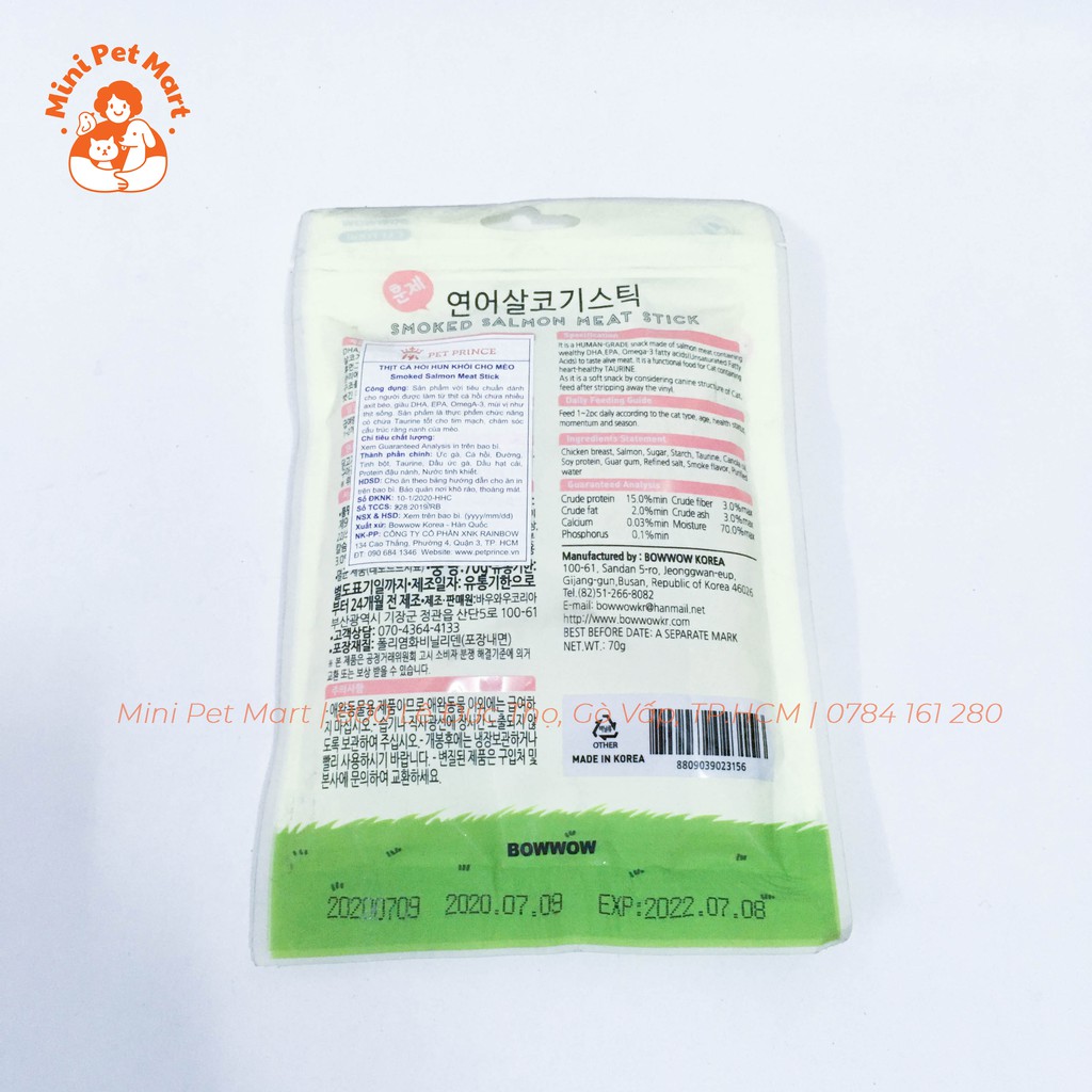 Que cá hồi xông khói, bánh thưởng cho mèo BOWWOW 70g - Gói 7 cây