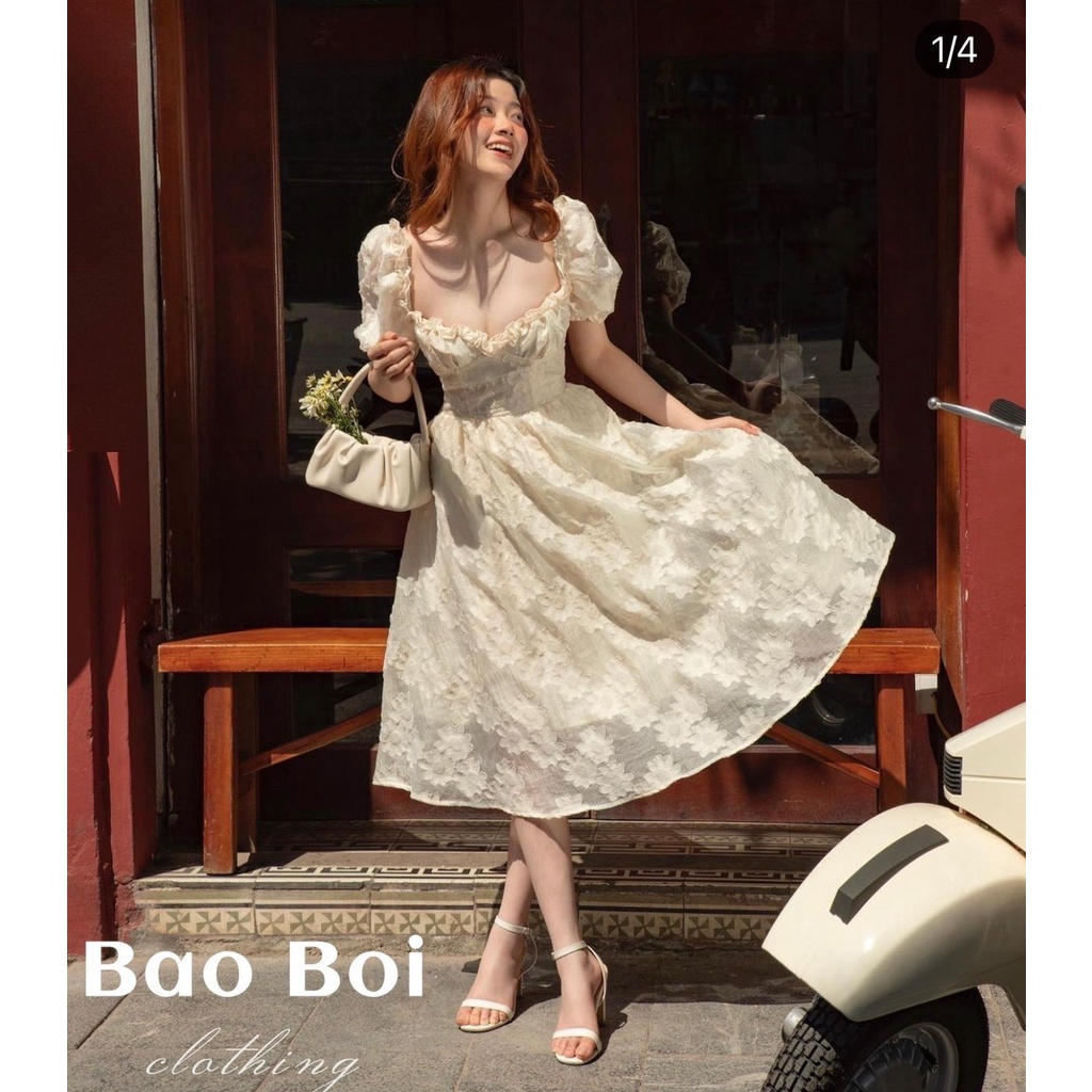 Đầm dạo phố trễ vai tay bồng cúp ngực dáng xòe chất voan hoa phong cách retro - pari dress