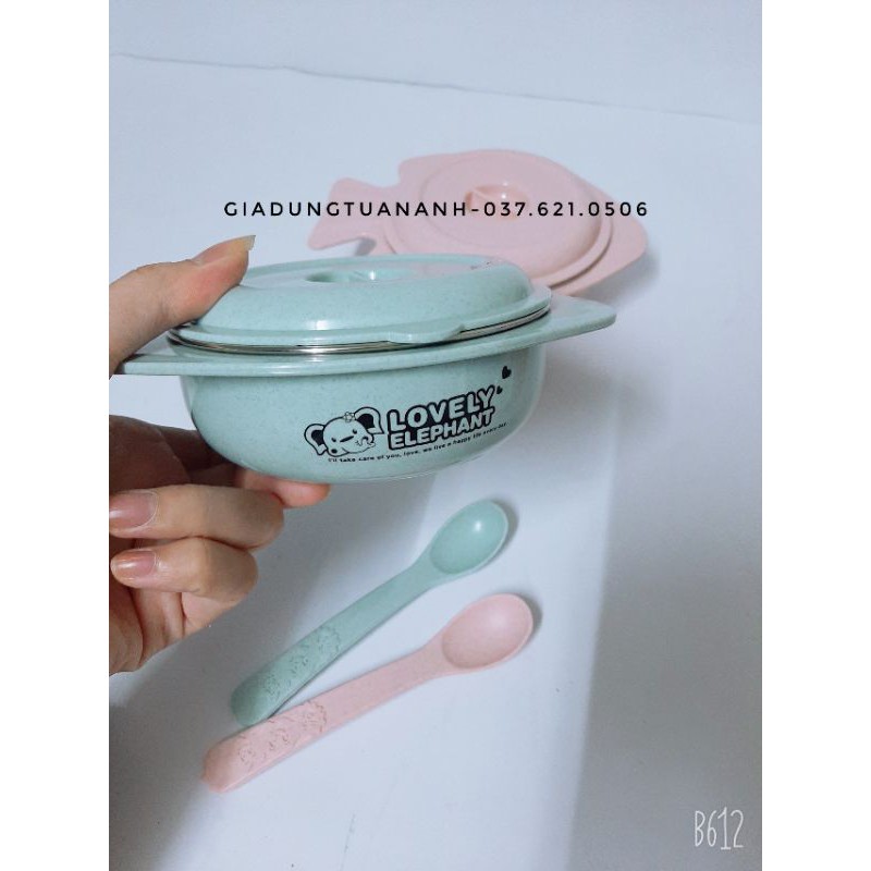 Bát ăn dặm giữ nhiệt lõi inox có nắp cao cấp kèm thìa lúa mạch
