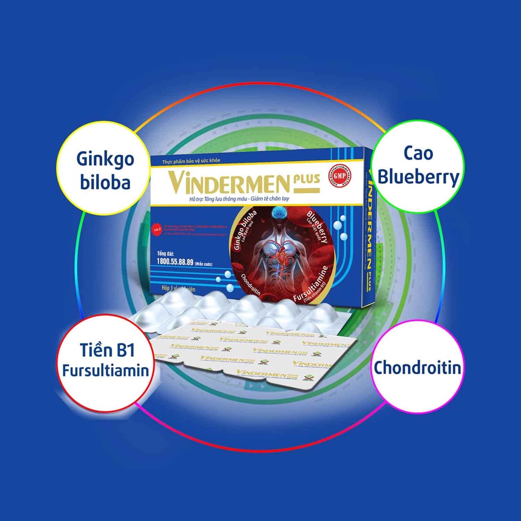 Vindermen Plus  - Ngăn ngừa tê bì tay chân, tăng cương lưu thông máu - hộp 30 viên - Vinh Gia