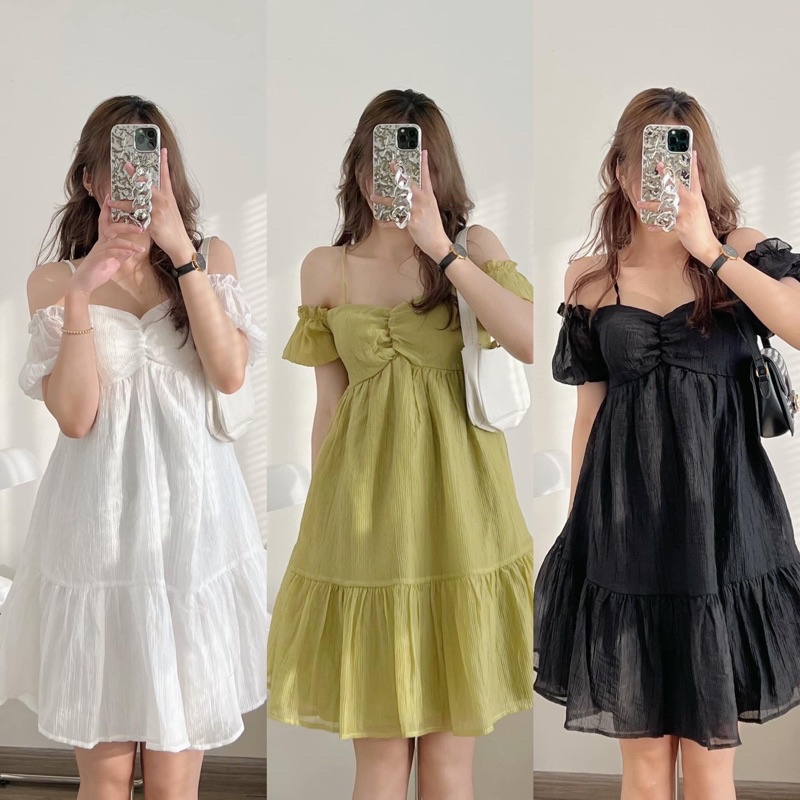 Đầm tơ 2 dây trễ vai nhún ngực có đệm dáng ngắn bèo tầng siêu tiểu thư bánh bèo babydoll (TTA145)
