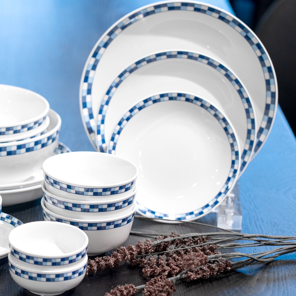 Bát | JYSK Check | sứ trắng viền xanh | DK17xC7cm
