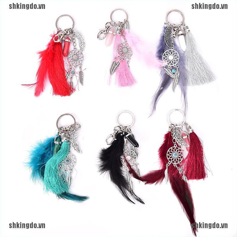 Móc Khóa Hình Dreamcatcher Phối Lông Vũ Cổ Điển