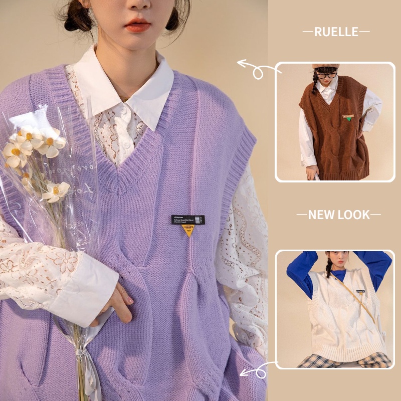 Áo sweater dệt kim không tay dáng rộng thời trang Hàn Quốc cho nữ