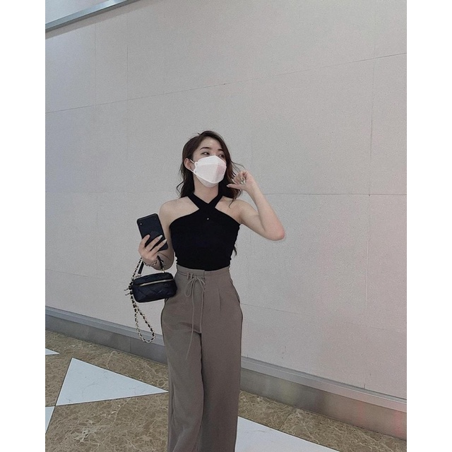 Set nữ set áo yếm đen+ quần suông nâu lên dáng xịn chất đẹp kèm sàn