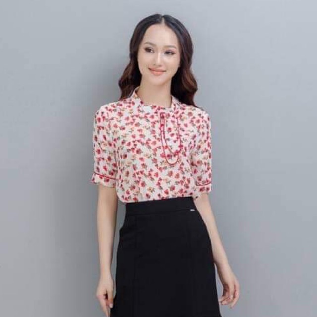 Áo Sơ Mi Công Sơ Nữ, Sơ MI Hoa Nhí,Tay Lửng Kẻ Viền Phối Nơ Cổ