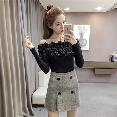Fall new line neck sweater Korean women's long sleeve tight stretch bottoming shirt short pullover