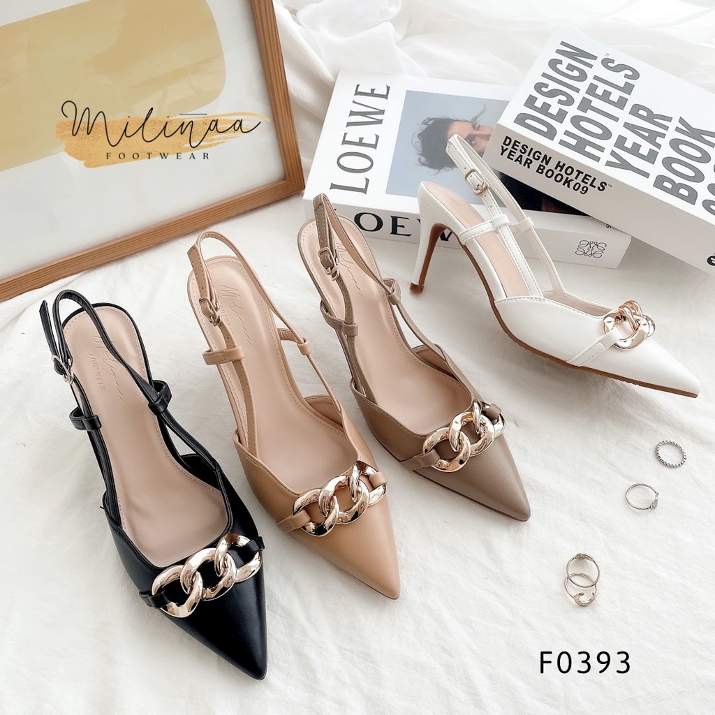 [Mã SKAMFSW175 giảm 10K đơn 50K] GIÀY CAO GÓT NỮ SLINGBACK GÓT NHỌN 7P BÍT MŨI PHỐI XÍCH TO F0393