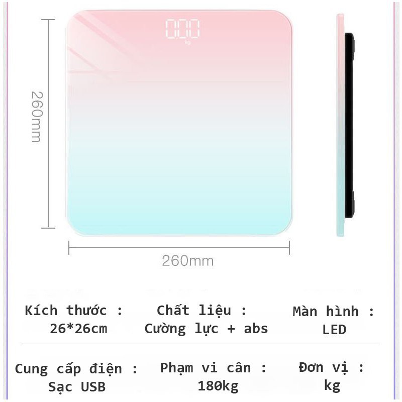 Cân Điện Tử Khỏe Điện Tử Mini Màn Hình LCD Mặt Kính Chịu Lực Tải Trọng 180kg Sặc USB hoặc Dùng Pin