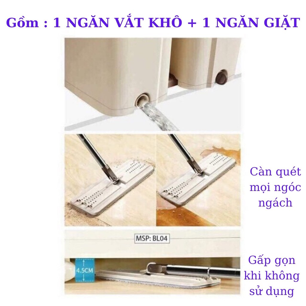 Chổi lau nhà tự vắt thông minh Xoay 360 độ kèm thùng Bộ lau nhà tặng bông lau