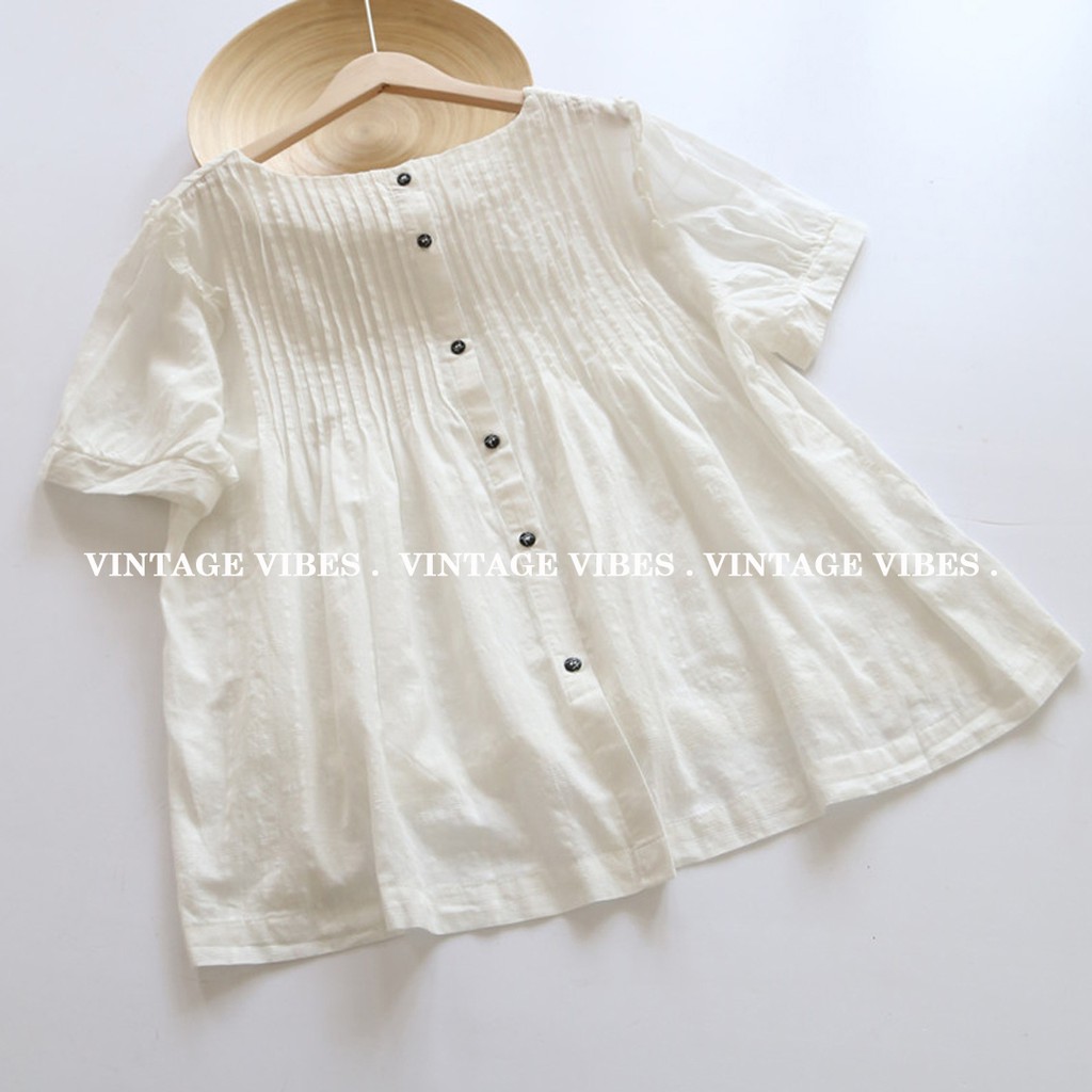 Áo Babydoll Cổ Bèo Kẻ Ly Cài Khuy Sau Ngắn Tay Ulzzang (Hàng Qc) - Ảnh Thật Cận Chất 1000%