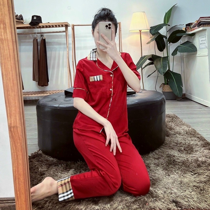 Bộ lụa pijama mặc viền kẻ hàng thiết kế cao cấp