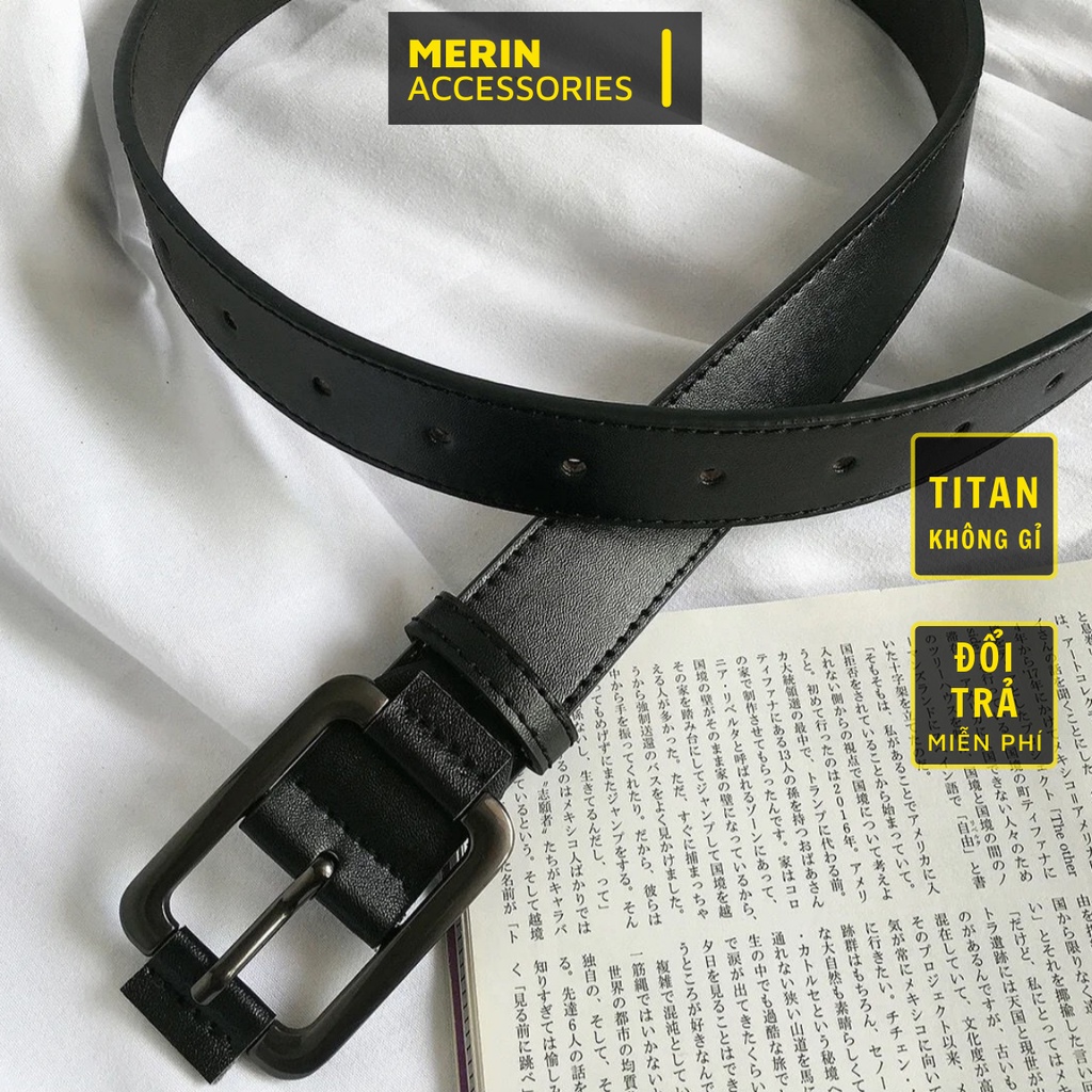 Thắt Lưng Nam Nữ DG Mặt Vuông Merin Accessories Màu Đen Xám Đẹp - Dây Lưng Unisex Mặt Kim Loại  Da PU Hàn Quốc - DG