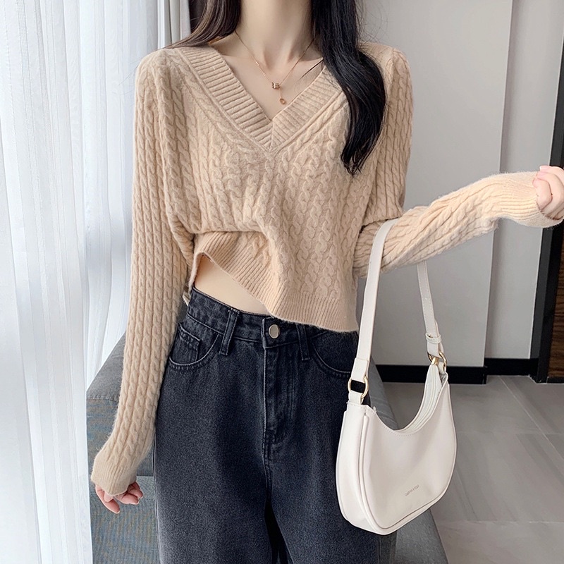 Áo len nữ dài tay cổ tim dáng croptop suông phong cách HQ mã mới 2022