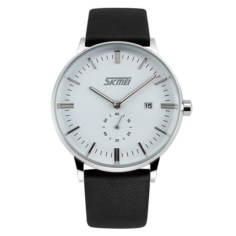 Đồng hồ nam SKMEI mặt tròn size 39mm có lịch dây da xanh cao cấp, kính chống xước, chống nước tuyệt đối